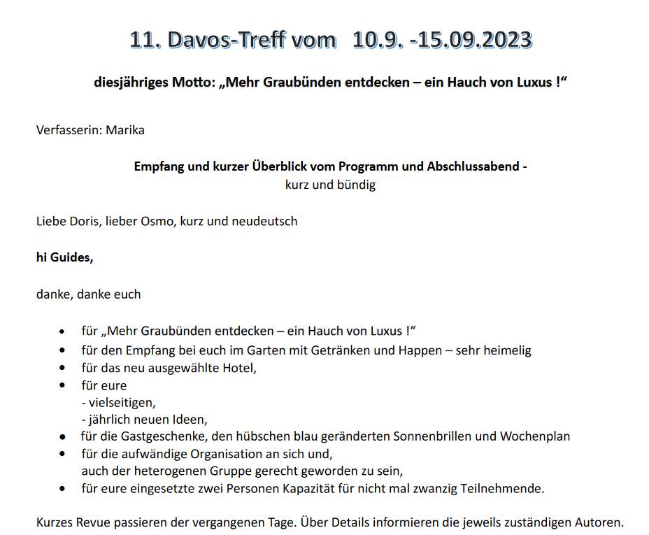 Erlebnisbericht von Gerda Nösel zum 11. Davos-Treff 2023